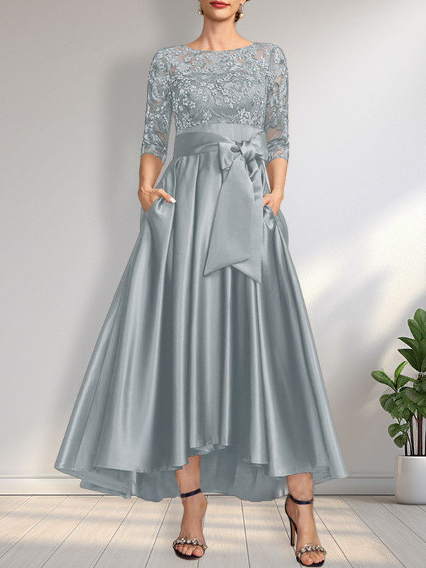 Robe de mère de la mariée en satin et dentelle, ligne A, encolure dégagée illusion, asymétrique, avec nœud