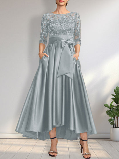 A-Linie U-Ausschnitt Illusion Asymmetrisch Satin Spitze Mutter der Braut Kleid mit Schleife