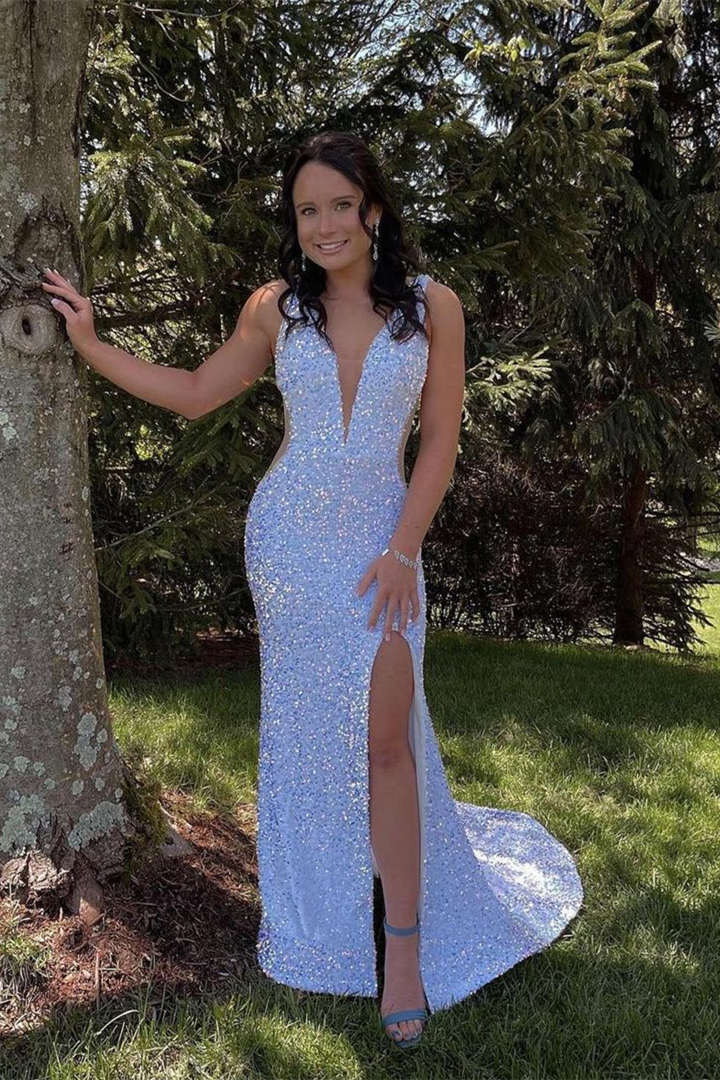 Vestido de fiesta largo estilo sirena con lentejuelas, escote en V y espalda descubierta