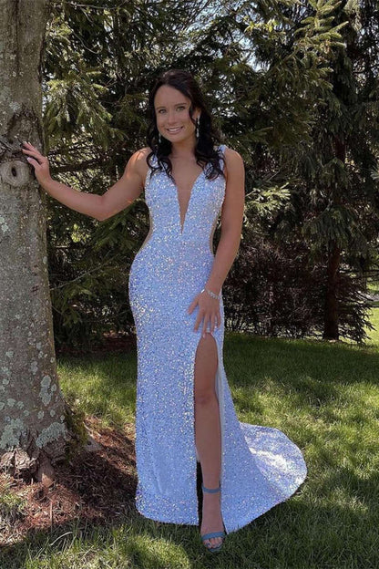 Vestido de fiesta largo estilo sirena con lentejuelas, escote en V y espalda descubierta