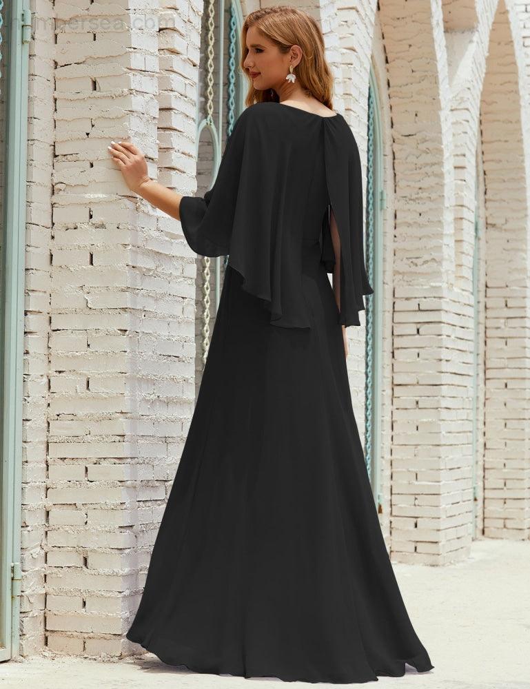 Abito da Damigella Donna Manica Lunga Scollatura a V Chiffon Abito da Cerimonia Matrimonio Festa 28018