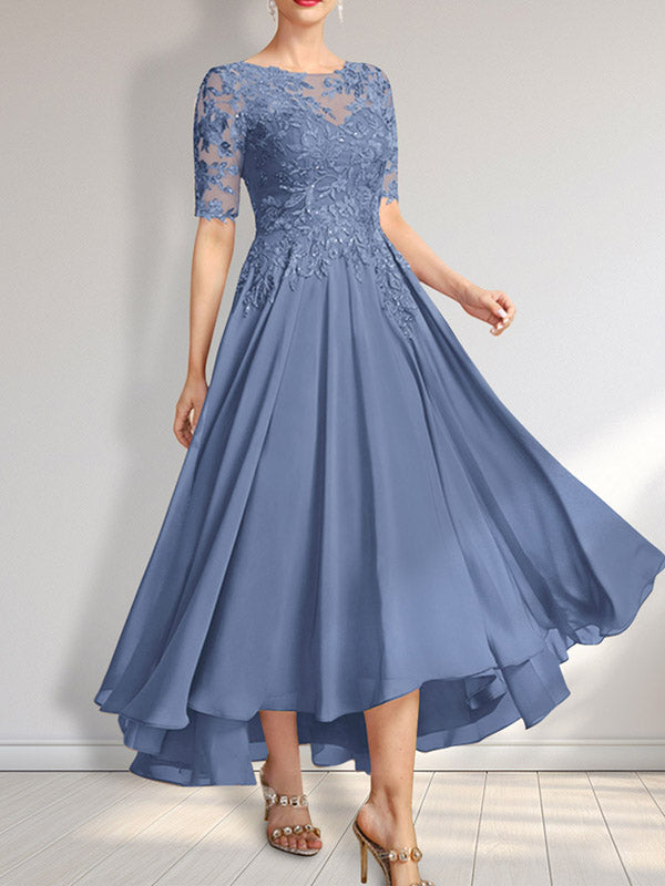 Robe de mère de la mariée en mousseline et dentelle asymétrique illusion à encolure dégagée, coupe en A, ornée de paillettes