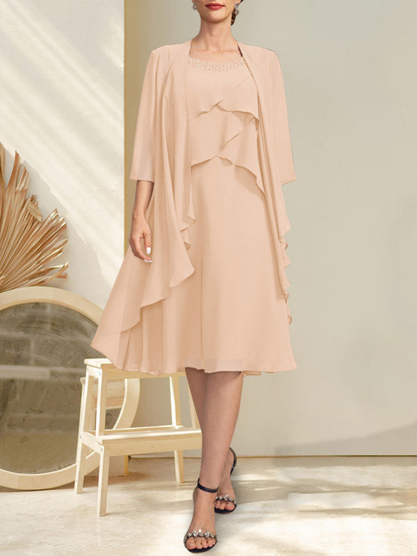 A-Linie U-Ausschnitt Knielang Chiffon Kleid für die Brautmutter mit Perlenbesatz