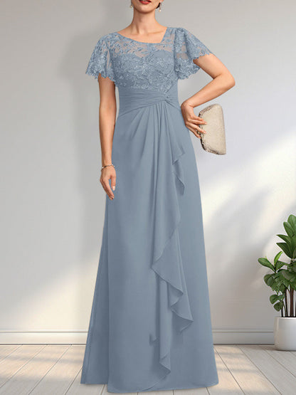 Vestido de madre de la novia de gasa con encaje, ilusión asimétrica, largo hasta el suelo, con volantes en cascada y lentejuelas. 