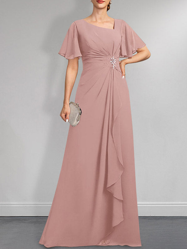 Robe de mère de la mariée en mousseline asymétrique longue jusqu'au sol, coupe en A, ornée de perles plissées et de paillettes