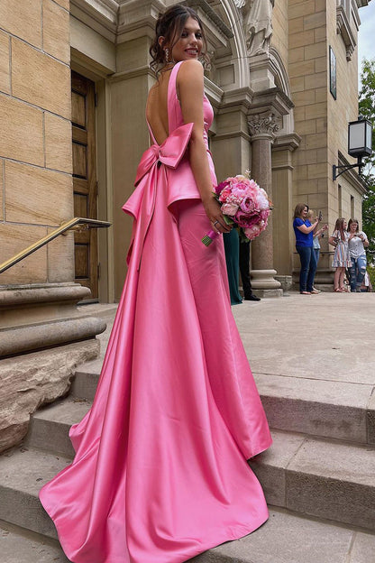 Süßes Meerjungfrau-Ballkleid mit V-Ausschnitt und langer Schleife aus rosa Satin