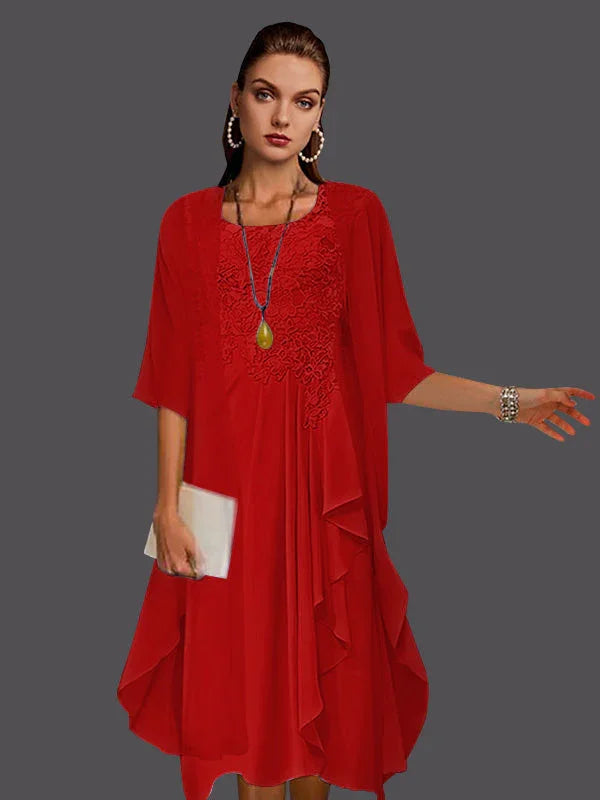 Vestidos de dos piezas con chaqueta sin mangas de encaje de gasa en línea A con pliegues y apliques