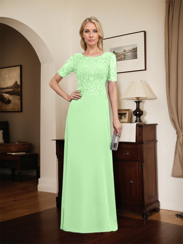 Robe de mère de la mariée en dentelle et mousseline, longueur au sol, en ligne A, décolleté en U, ornée de paillettes