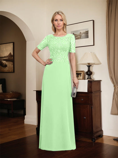 A-Linie U-Ausschnitt Bodenlang Spitzen-Chiffon-Kleid für die Brautmutter mit Pailletten
