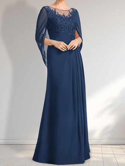 A-Linie, U-Ausschnitt, Illusion, bodenlanges Chiffon-Kleid für die Brautmutter mit plissierten Pailletten