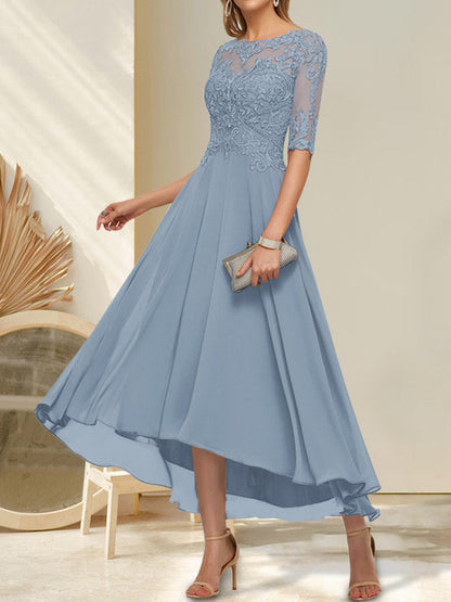 Vestido de madre de la novia de gasa asimétrica con escote barco, ilusión, encaje y lentejuelas con abalorios.