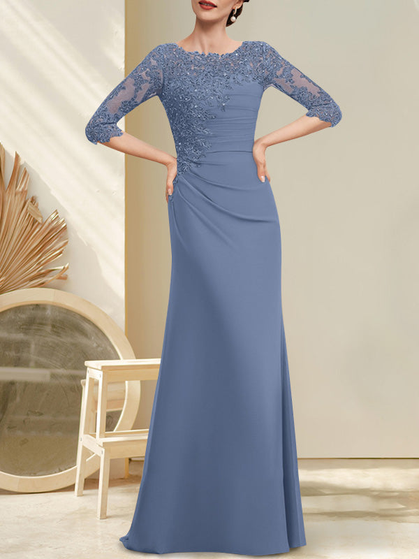 Robe de mère de la mariée en mousseline et dentelle, longueur au sol, en ligne A, décolleté en U, ornée de perles et de paillettes plissées