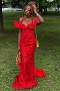 Dazzling Red Sweetheart Off-The-Shoulder Prom Dresses Mermaid Column Lace-Up Back
