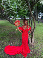 Dazzling Red Sweetheart Off-The-Shoulder Prom Dresses Mermaid Column Lace-Up Back