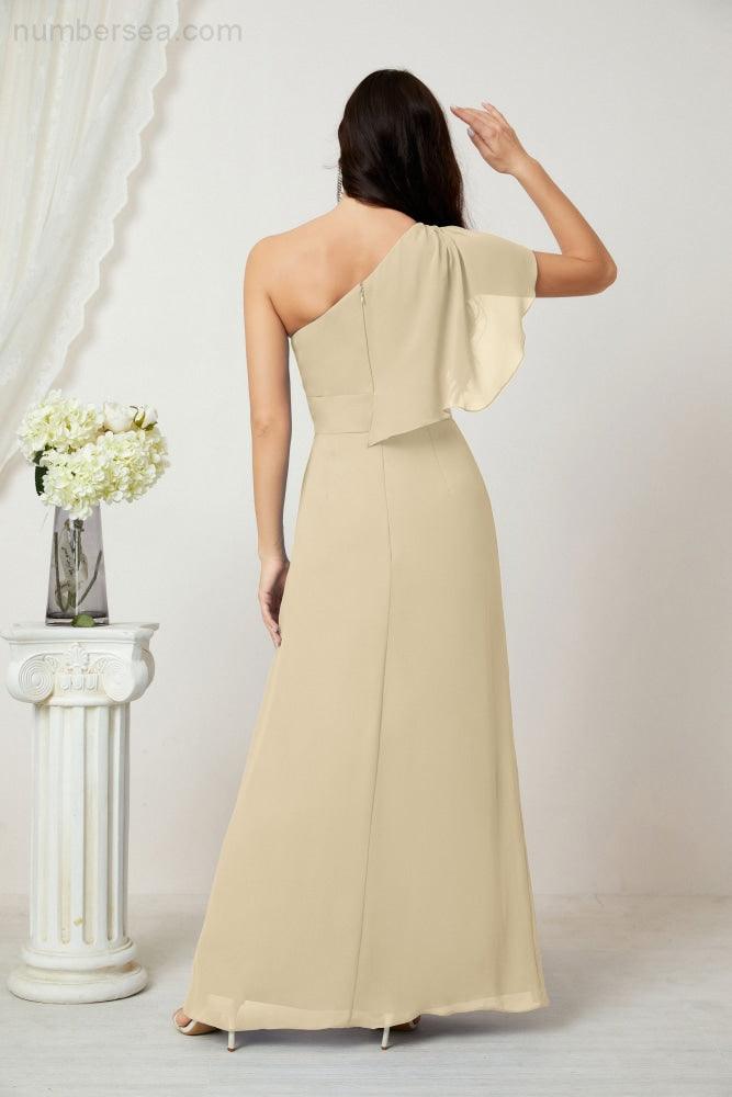 Abito da Sera Formale A-line con Spalla Singola e Balze in Chiffon, Spacco Laterale, per Damigelle, Modello 2809