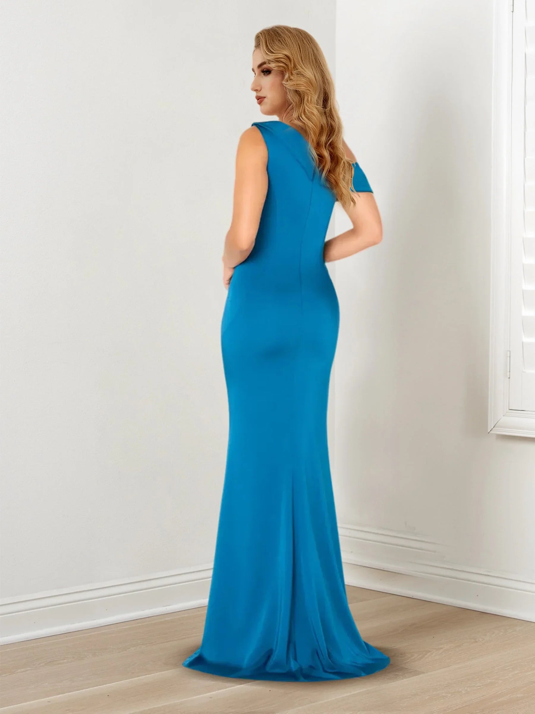 Vestidos de madrina de novia con escote de un solo hombro sin mangas estilo trompeta/cola de sirena con chal