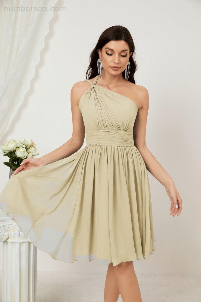Numbersea Damen Chiffon Kurzes Ein-Schulter Brautjungfernkleid Festliche Kleider für Feier Heimkehr 2804