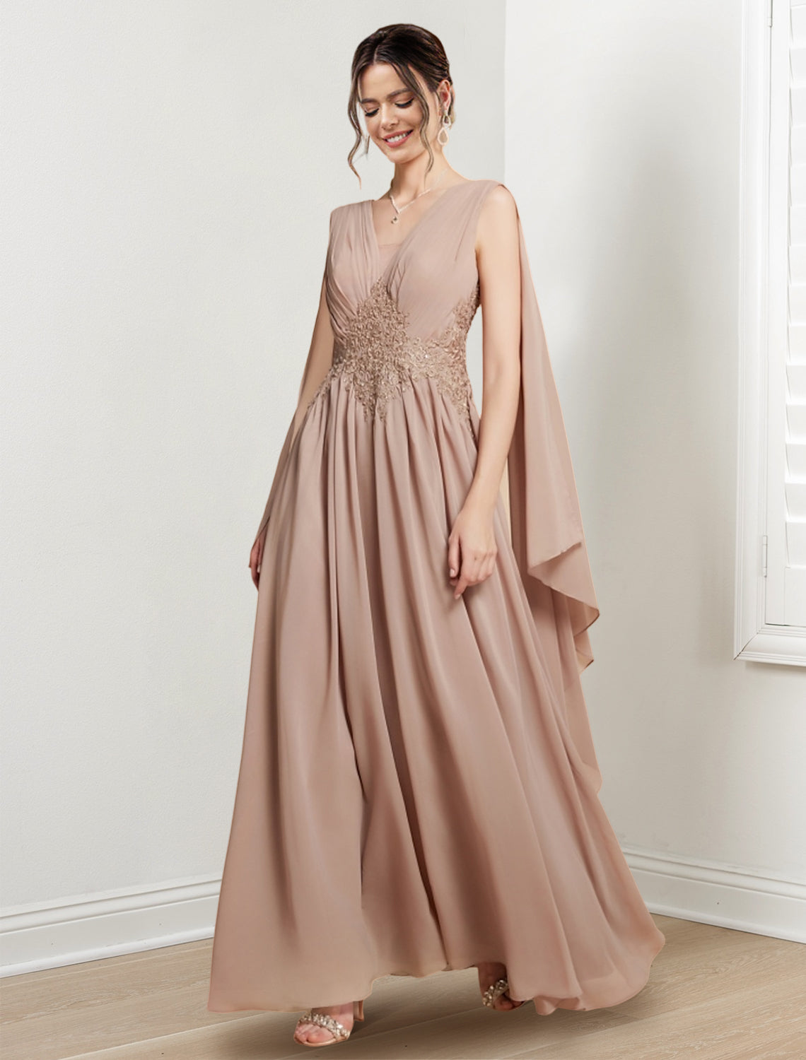 V Neck A Line Princess Floor Length Dresses For The Mother Of The Bride