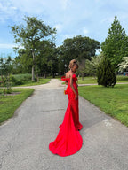 Dazzling Red Sweetheart Off-The-Shoulder Prom Dresses Mermaid Column Lace-Up Back