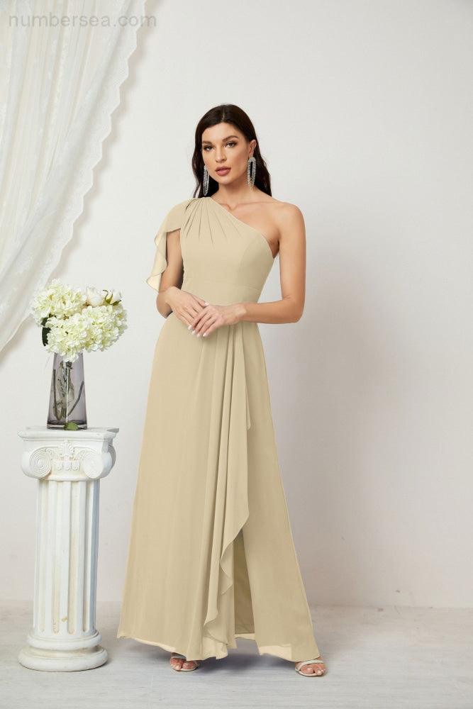 Abito da Sera Formale A-line con Spalla Singola e Balze in Chiffon, Spacco Laterale, per Damigelle, Modello 2809
