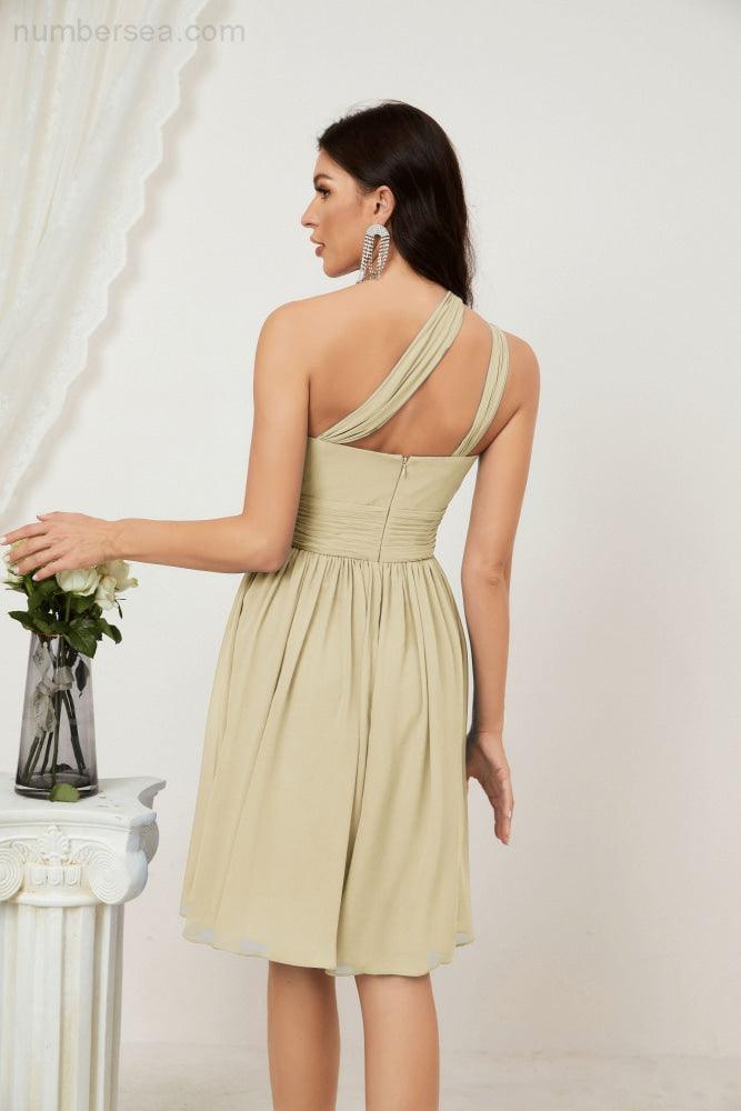 Numbersea Damen Chiffon Kurzes Ein-Schulter Brautjungfernkleid Festliche Kleider für Feier Heimkehr 2804