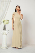 Abito da Sera Formale A-line con Spalla Singola e Balze in Chiffon, Spacco Laterale, per Damigelle, Modello 2809