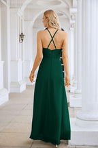 فستان سهرة نسائي من الشيفون بحمالات رفيعة وياقة على شكل حرف V وشق أمامي وطول يصل إلى الأرض لفتيات الشرف لحفلات الزفاف والسهرات 28116