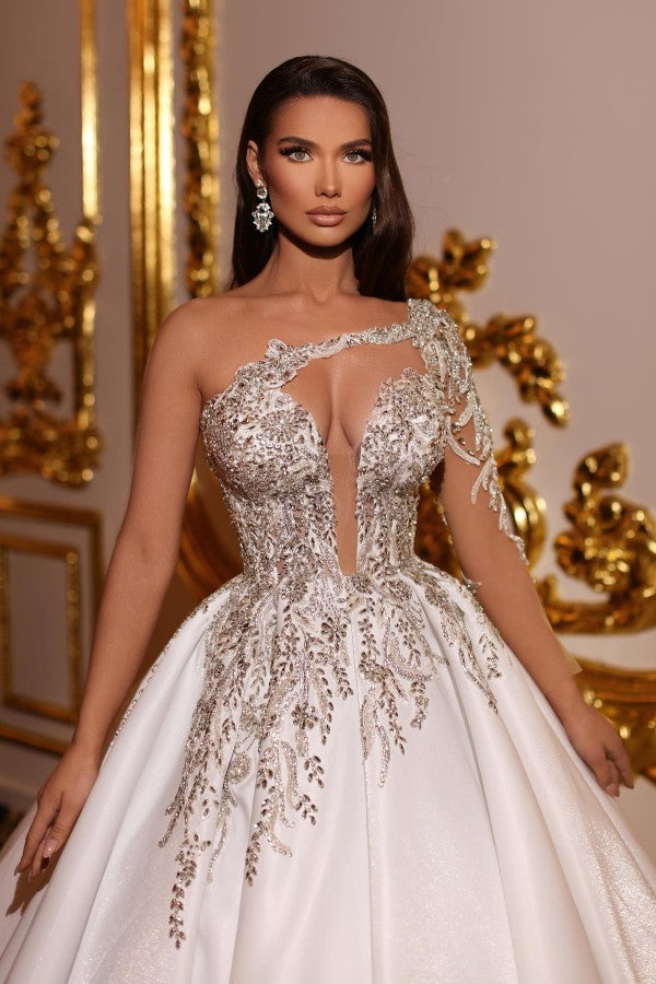 One Shoulder Satin A Line Wedding Dress Backless Lace Chapel Train
