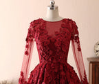 BMbridal Burgundy Long Sleeve Lace A Line Prom Dress Evening Gown
