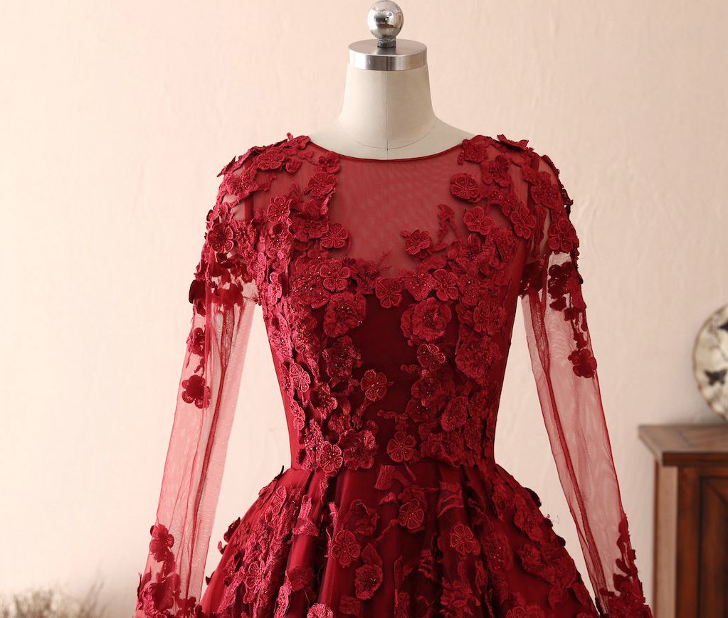 BMbridal Burgundy Long Sleeve Lace A Line Prom Dress Evening Gown