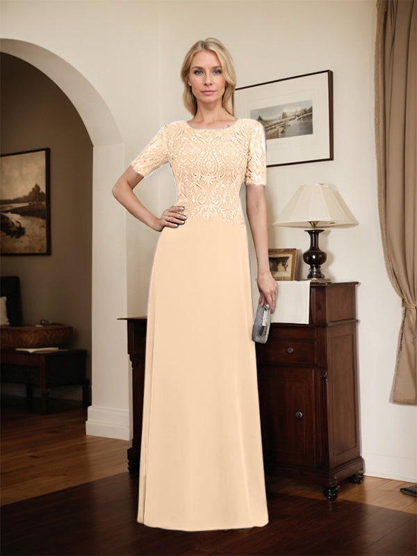 Robe de mère de la mariée en dentelle et mousseline, longueur au sol, en ligne A, décolleté en U, ornée de paillettes