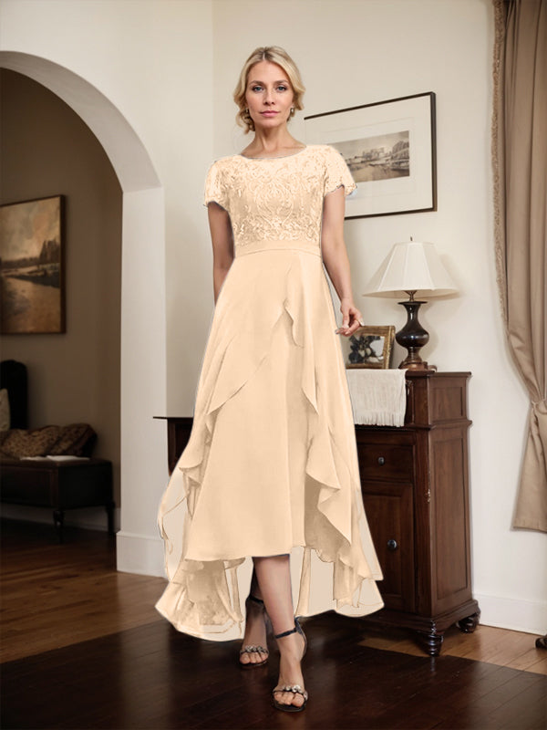 Robe de mère de la mariée en mousseline et dentelle asymétrique illusion à encolure dégagée, coupe en A, avec nœud, volants et paillettes