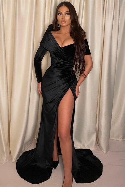 Meerjungfrau-Schulterfreies, langärmliges schwarzes Ballkleid mit Schlitz