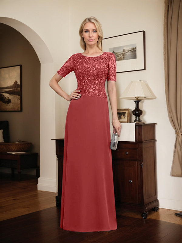 Robe de mère de la mariée en dentelle et mousseline, longueur au sol, en ligne A, décolleté en U, ornée de paillettes