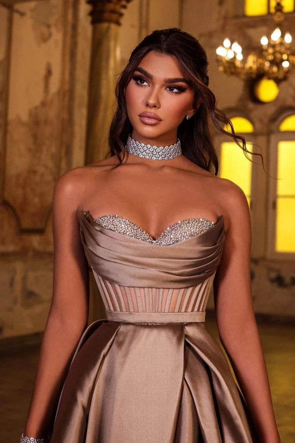 Champagne One Shoulder Satin Floor Length Evening Gown With Glitter