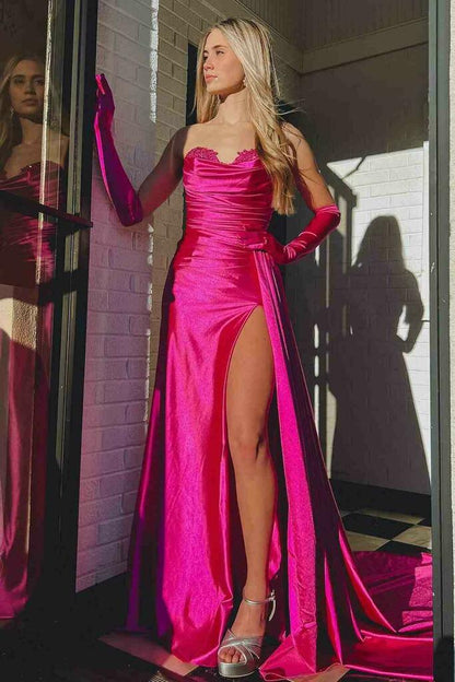 Mermaid Strapless Satin Prom Dress with Slit