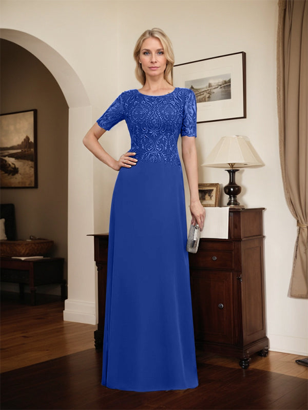 Robe de mère de la mariée en dentelle et mousseline, longueur au sol, en ligne A, décolleté en U, ornée de paillettes