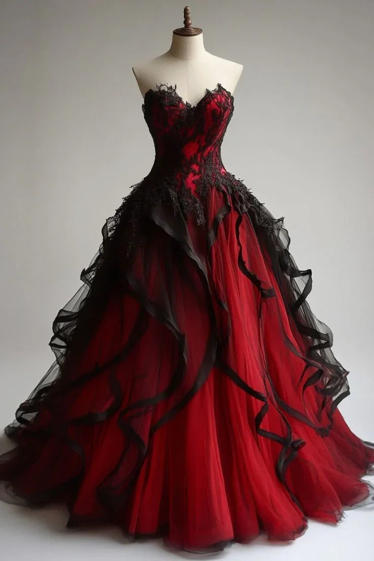 Bezauberndes rotes Spitzen-Tüllkleid mit Rüschen, Ballkleid, A-Linie, Abschlussballkleid Y7796