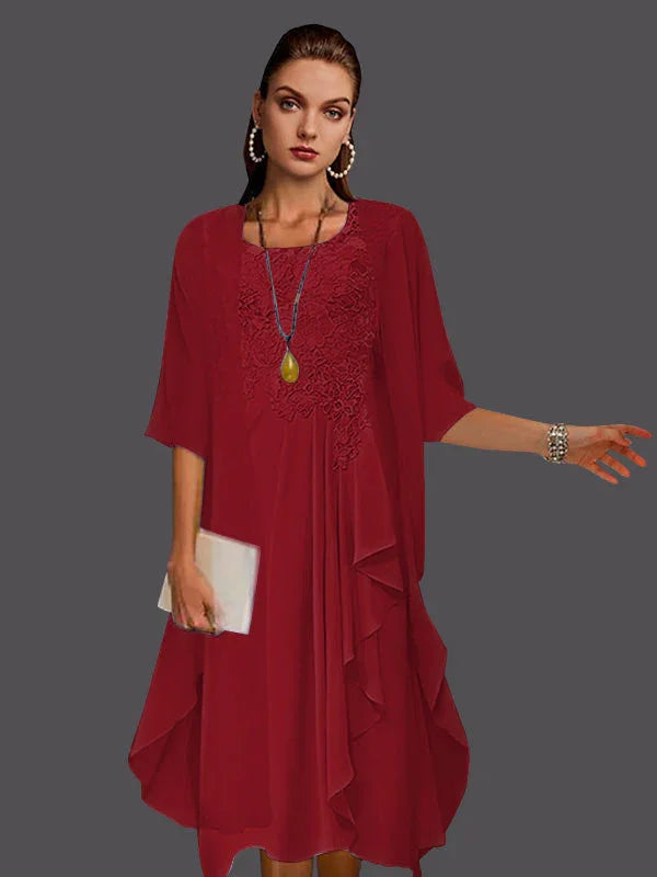 Vestidos de dos piezas con chaqueta sin mangas de encaje de gasa en línea A con pliegues y apliques