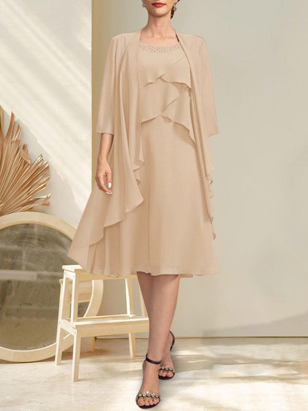 Robe de mère de la mariée en mousseline, longueur genou, en ligne A, décolleté arrondi avec perles