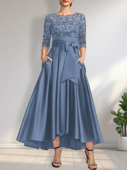 A-Linie U-Ausschnitt Illusion Asymmetrisch Satin Spitze Mutter der Braut Kleid mit Schleife