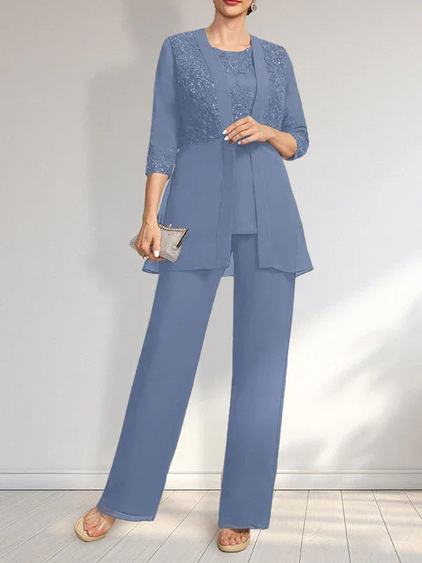 بدلة قفز/بدلة بنطلون منفصلة بياقة دائرية وطول يصل إلى الأرض من الشيفون والدانتيل فستان أم العروس مزين بالترتر