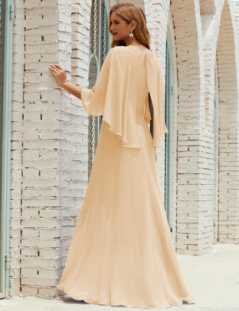Abito da Damigella Donna Manica Lunga Scollatura a V Chiffon Abito da Cerimonia Matrimonio Festa 28018
