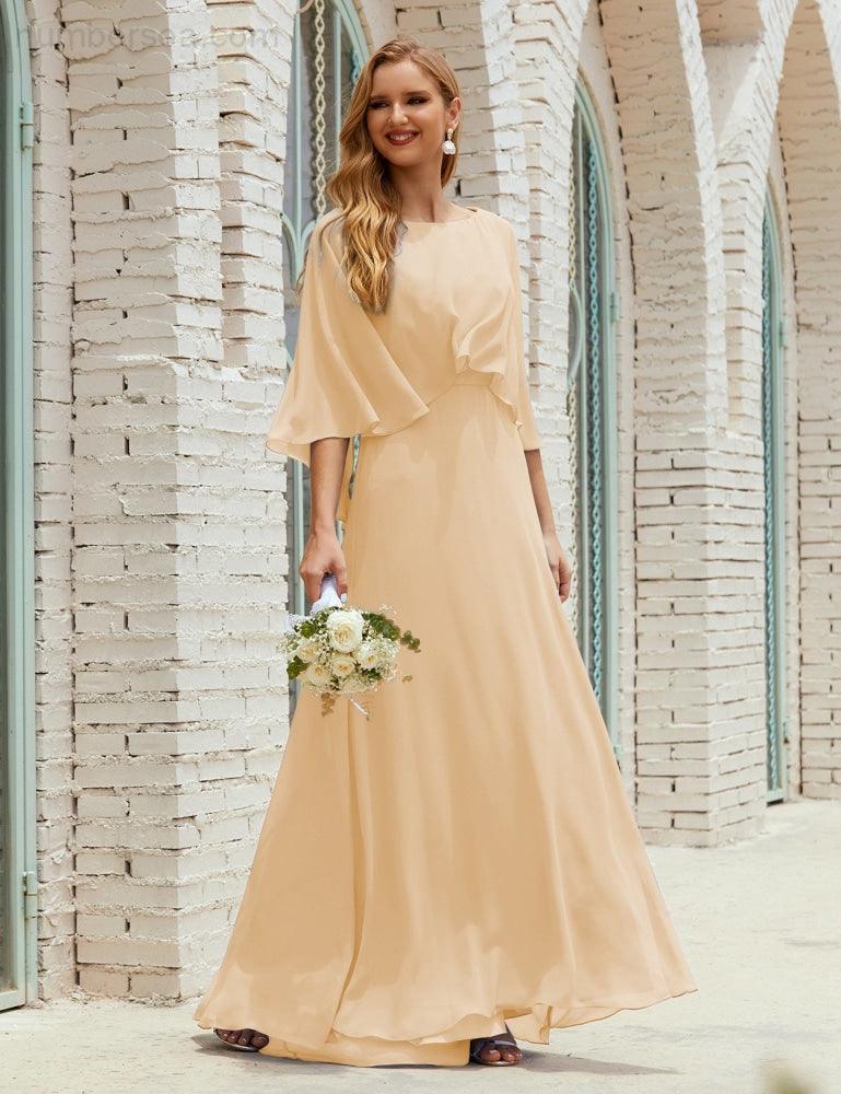 Abito da Damigella Donna Manica Lunga Scollatura a V Chiffon Abito da Cerimonia Matrimonio Festa 28018
