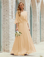 Abito da Damigella Donna Manica Lunga Scollatura a V Chiffon Abito da Cerimonia Matrimonio Festa 28018