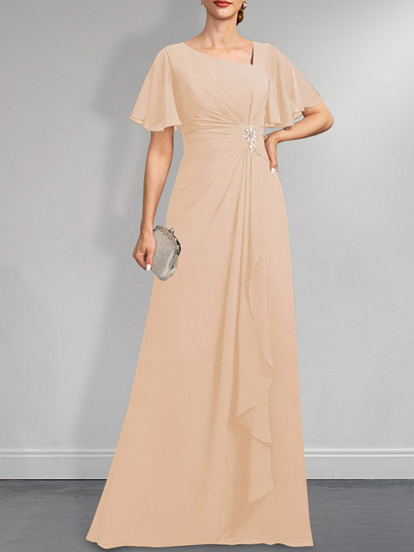 Robe de mère de la mariée en mousseline asymétrique longue jusqu'au sol, coupe en A, ornée de perles plissées et de paillettes