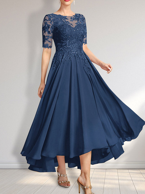 Robe de mère de la mariée en mousseline et dentelle asymétrique illusion à encolure dégagée, coupe en A, ornée de paillettes