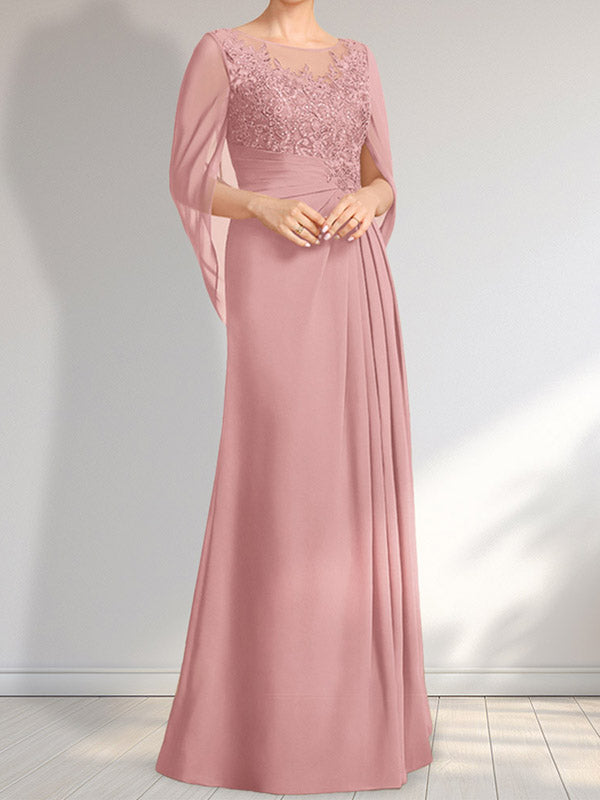 A-Linie, U-Ausschnitt, Illusion, bodenlanges Chiffon-Kleid für die Brautmutter mit plissierten Pailletten