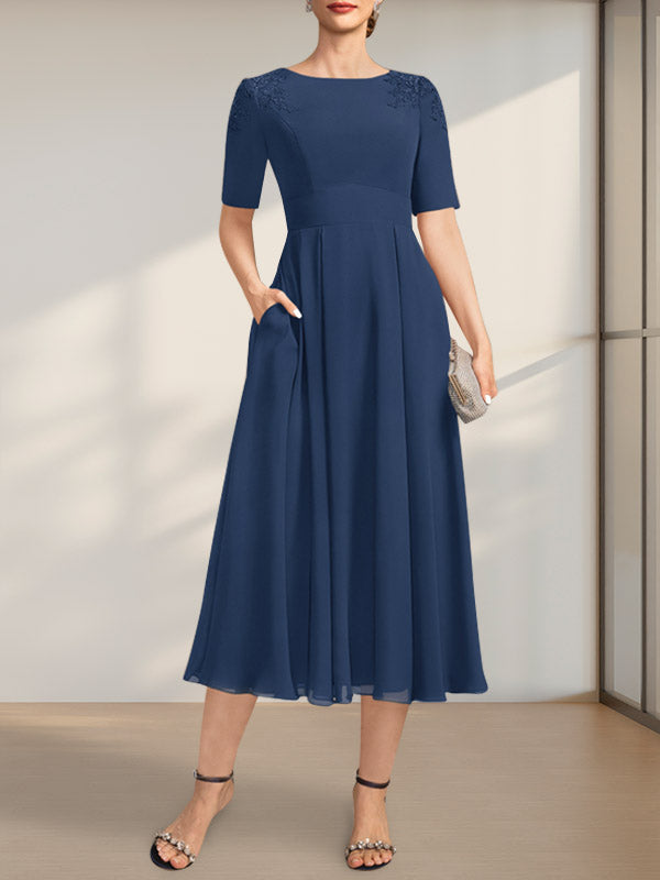 A-Linie U-Ausschnitt Wadenlang Chiffon Kleid für die Brautmutter mit Applikationen Spitze Pailletten