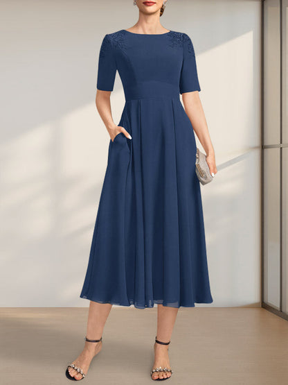 A-Linie U-Ausschnitt Wadenlang Chiffon Kleid für die Brautmutter mit Applikationen Spitze Pailletten
